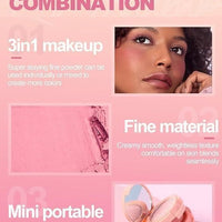3 in1 Face Blusher + Highlighter with Mini Compact Travel Friendly Palette